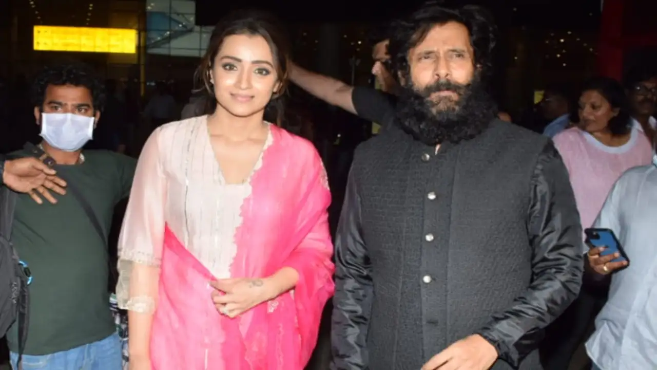 Ponniyin Selvan arrive for Mumbai promotions Trisha Krishnan, Chiyaan Vikram and Aishwarya Rai Bachchan