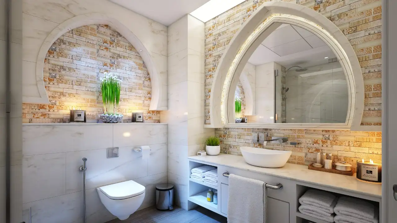A contemporary bathroom with old school brick walls Pexels