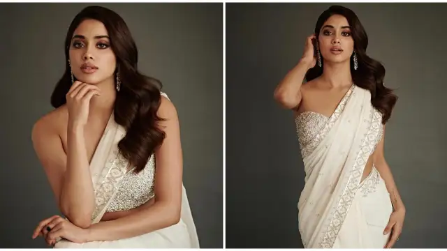 Janhvi Kapoor in an Atelier by Amreen Sandhu saree and strapless blouse serves sparkly chic glam | PINKVILLA