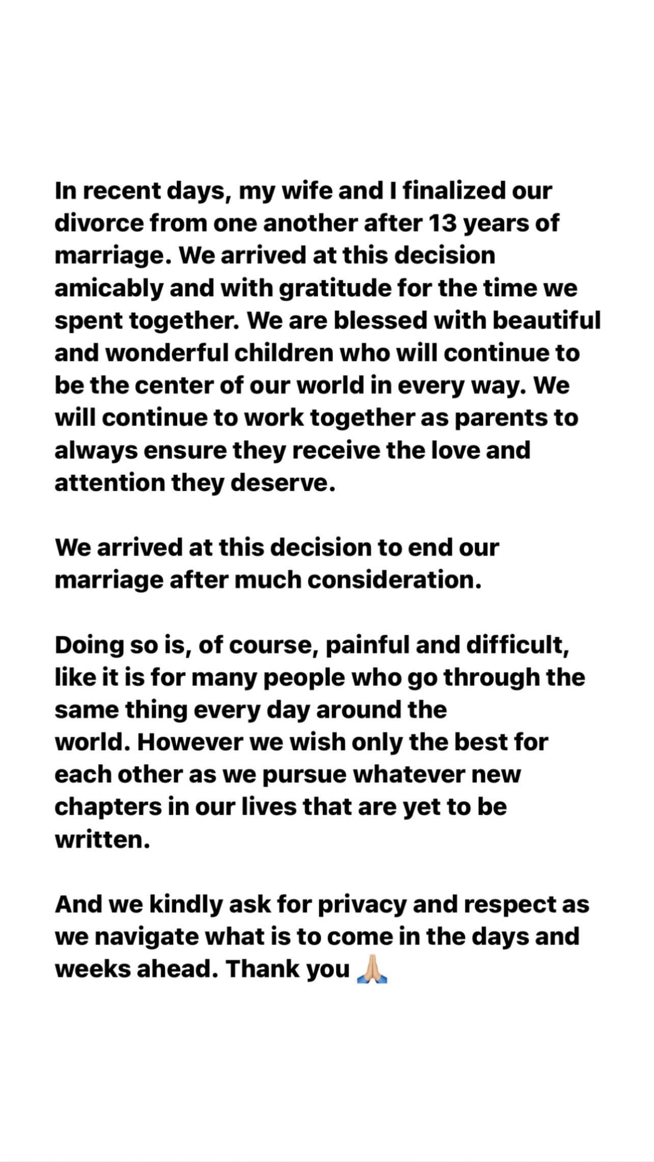 Tom Brady's statement on divorce from Gisele Bündchen.