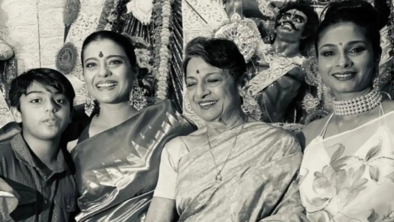 Kajol smiles as she poses with Tanuja, Tanishaa Mukerji and her son Yug from Durga Puja pandal; PIC