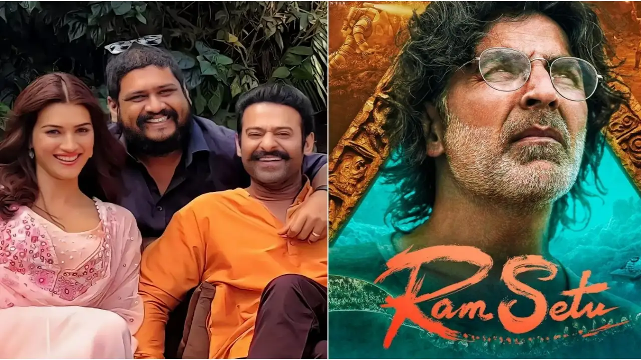 Kriti Sanon, Om Raut and Prabhas are all smiles in the picture / Akshay Kumar's poster from Ram Setu