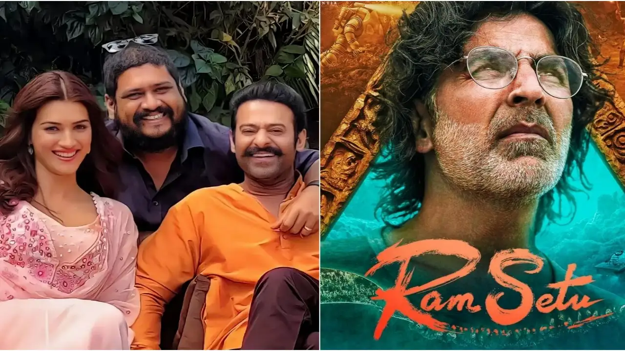 Picture courtesy: Om Raut / Akshay Kumar Instagram Kriti Sanon, Om Raut and Prabhas are all smiles in the picture / Akshay Kumar's poster from Ram Setu