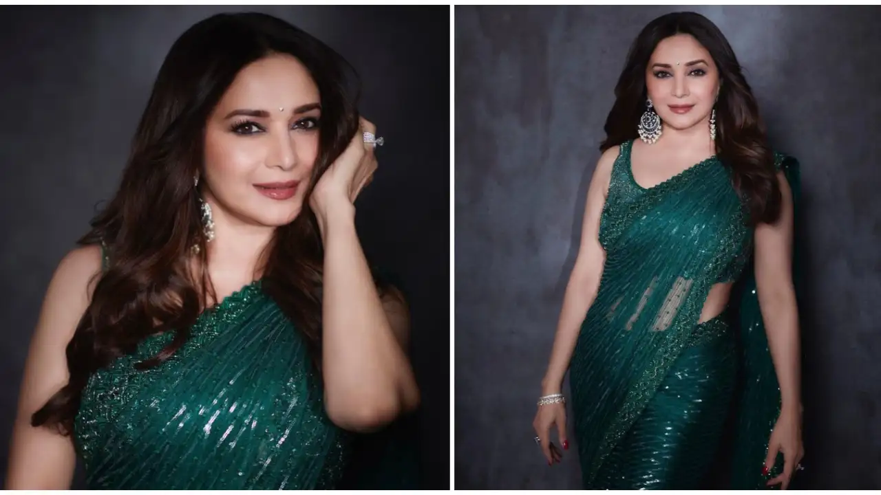 Madhuri Dixit in Faraz Manan sheer saree makes a shiny case for a wedding guest look; Yay or Nay? Madhuri Dixit in Faraz Manan sheer saree makes a shiny case for a wedding guest look; Yay or Nay?