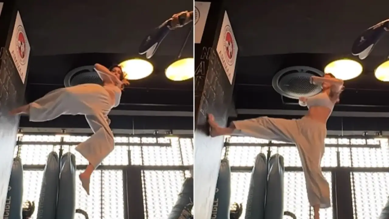 Screen grab of Disha Patani's doing flying kick video. Pic credit: Disha Patani Instagram Screen grab of Disha Patani's doing flying kick video.