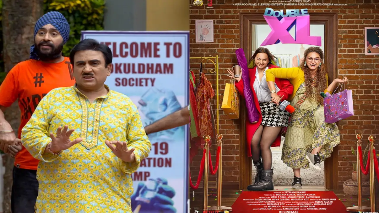 cast of 'Double XL' arrive at Gokuldham Society (Image source: Sonyliv and Instagram) Dilip Joshi, Huma Qureshi and Sonakshi Sinha