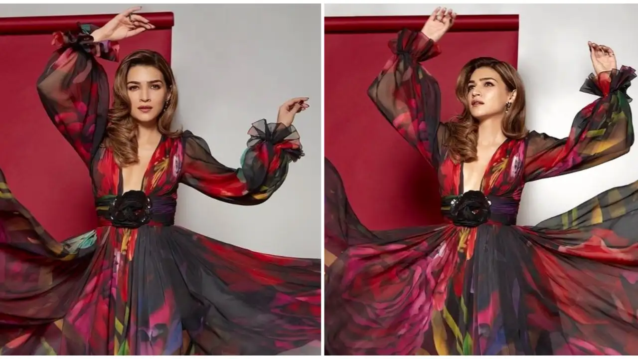 Kriti Sanon's Gauri and Nainika midi dress is a rosy take on all things perfect party style Kriti Sanon's Gauri and Nainika midi dress is a rosy take on all things perfect party style