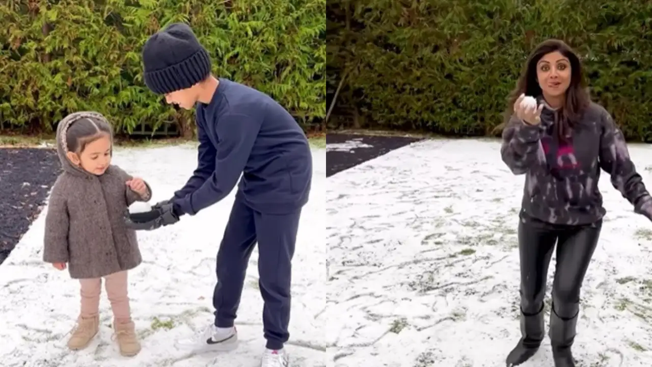 A collage of Shilpa Shetty playing snow with kids A collage of Shilpa Shetty playing snow with kids