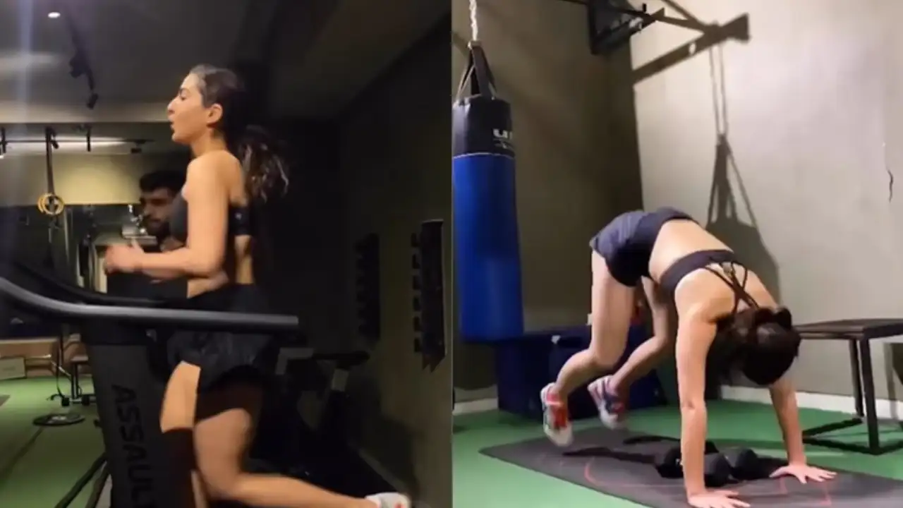 A collage of Sara Ali Khan's doing workout. A collage of Sara Ali Khan's doing workout.
