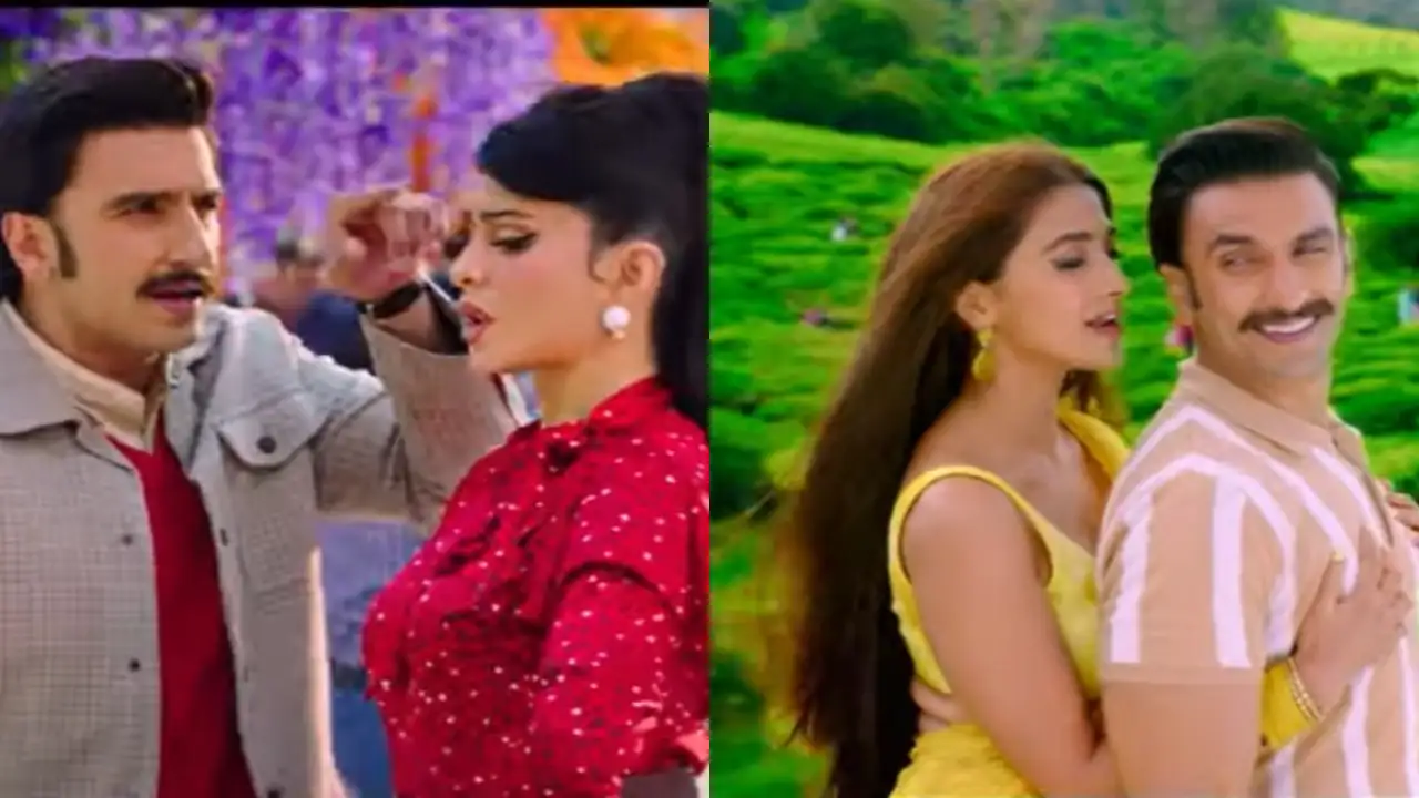 A collage of Ranveer Singh with Jacqueline and Pooja Hedge from the song Sun Zara 