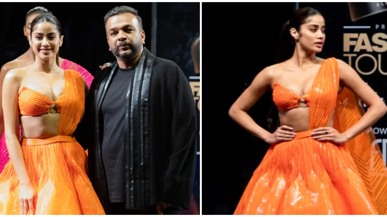 Janhvi Kapoor in an Amit Aggarwal lehenga was glamourous in neon orange as a showstopper