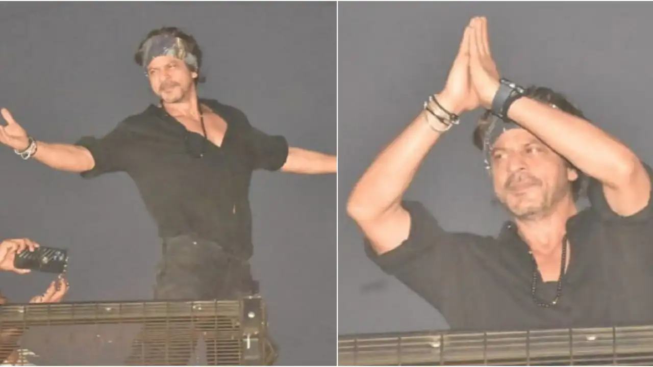 Picture courtesy: Pinkvilla Shah Rukh Khan greets fans outside Mannat