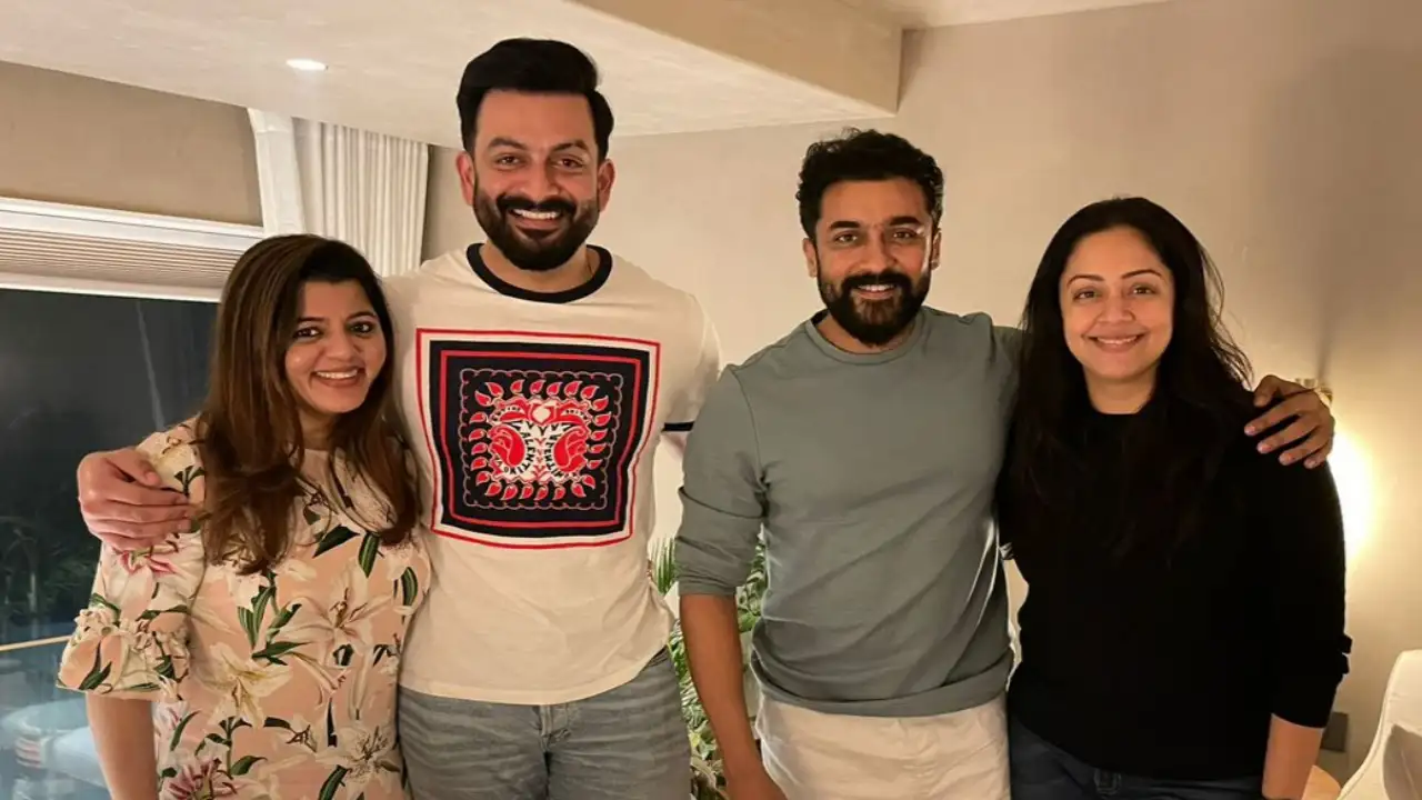 Suriya and Jyothika with Prithviraj Sukumaran and Supriya Menon (Image credits: Prithviraj Sukumaran Instagram) Suriya, Jyothika, Prithviraj Sukumaran, Supriya Menon