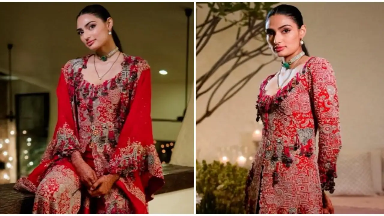 Athiya Shetty in an Anamika Khanna sharara set is a red glam beautiful bride | PINKVILLA