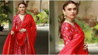 Aditi Rao Hydari is the epitome of regal elegance in red Punit Balana Anarkali; Can you guess its cost? 