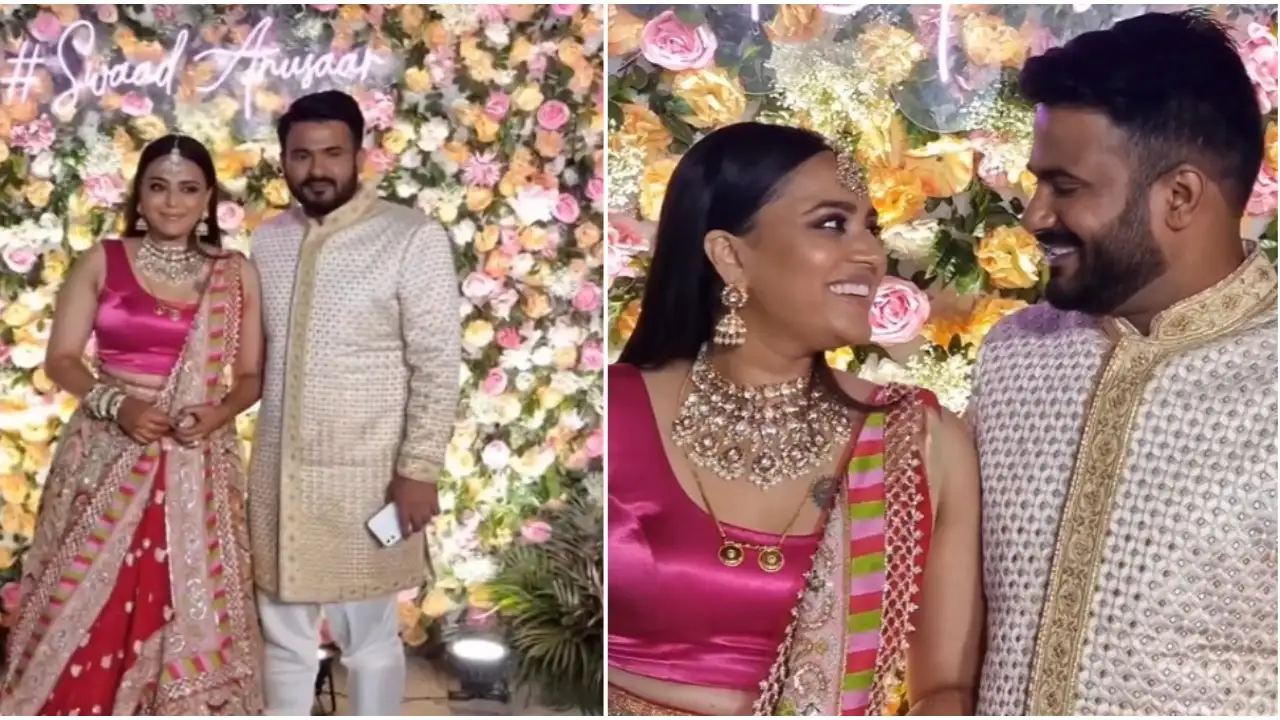 1335044209 swara bhasker and fahad ahmad wedding reception couple arrives hand in hand poses for the paparazzi video 1280*720