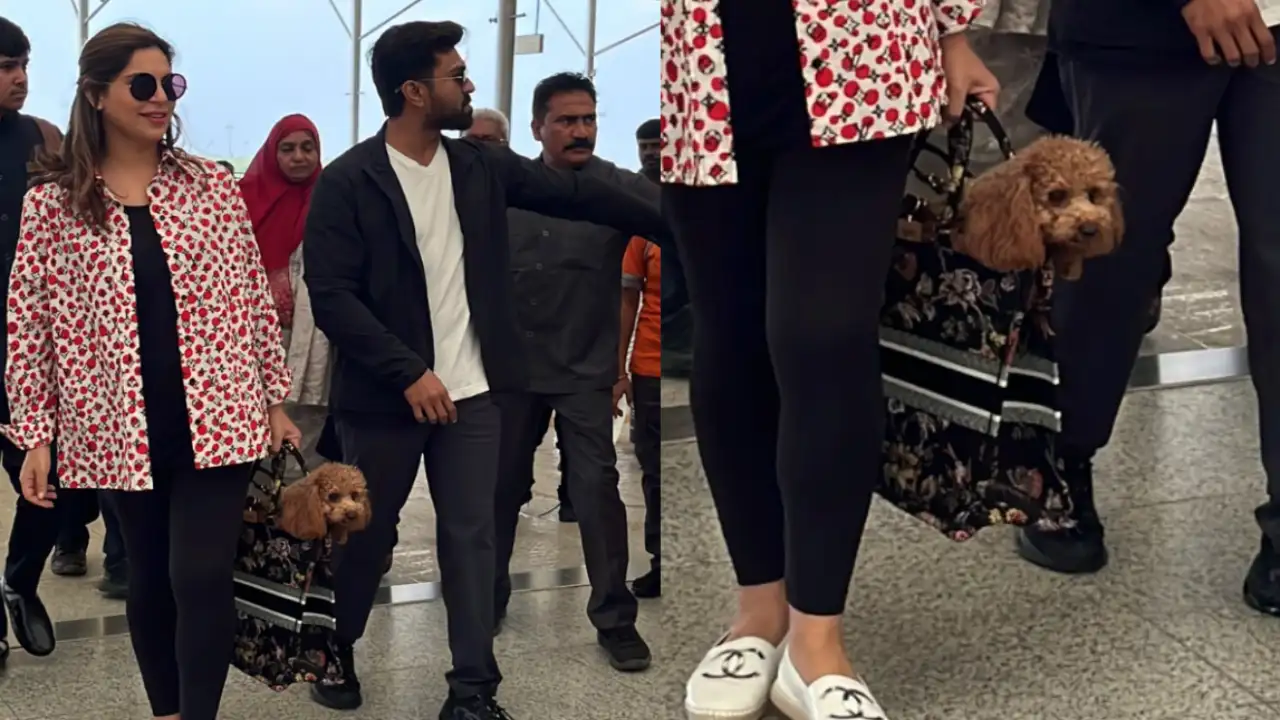 1360040469 ram charan and upasana with pet airport off to dubai 1280*720