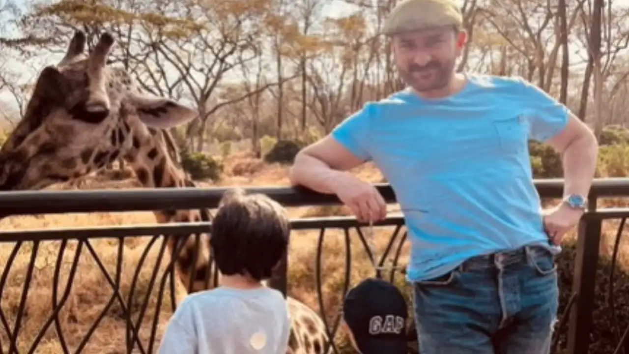 Saif Ali Khan poses for Kareena Kapoor while Taimur and Jeh play with a giraffe in first pic from Africa vacay