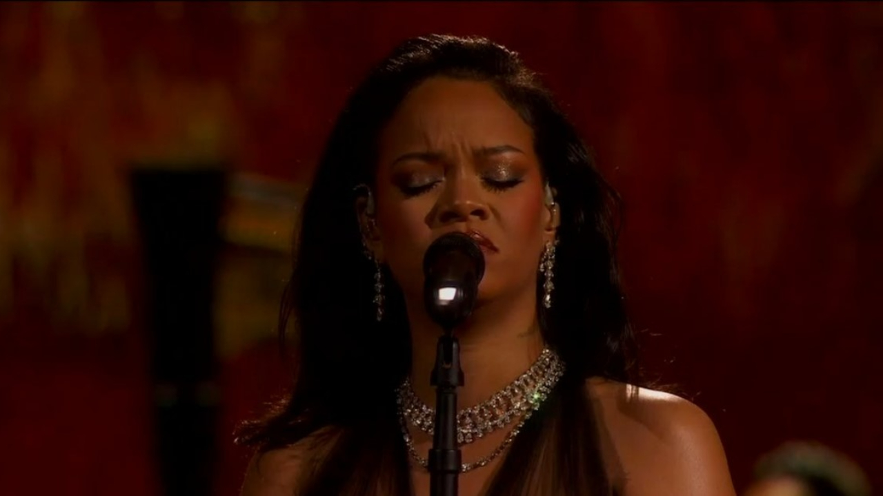 Rihanna performs Lift Me Up at the 2023 Oscars (Image: YouTube TV) 