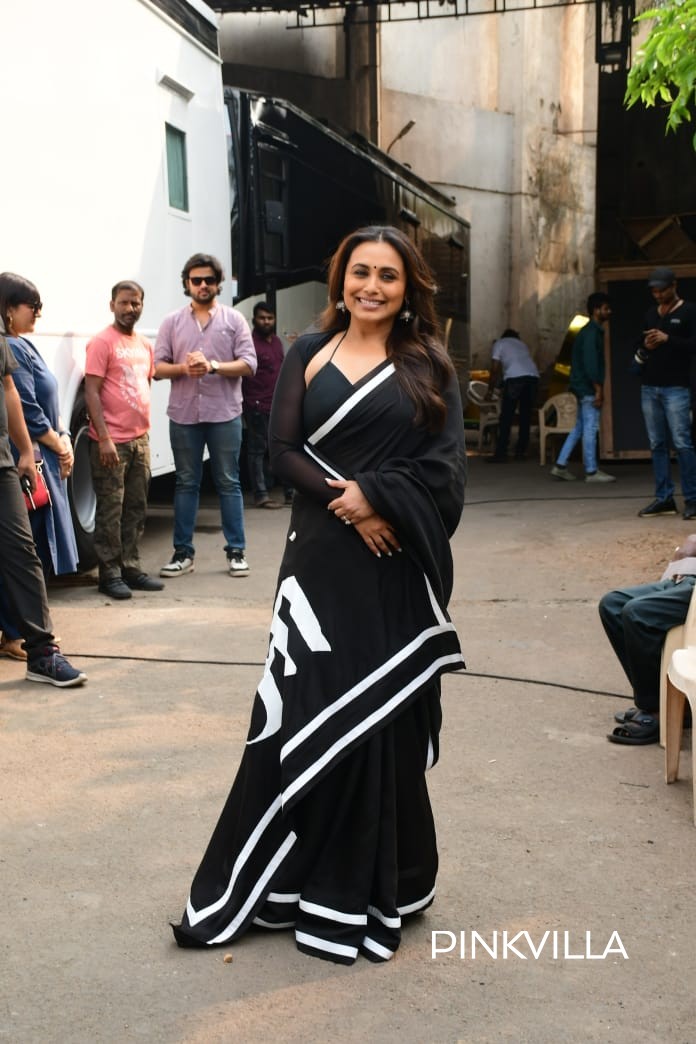 Rani Mukerji in black 'Maa' print saree from Masaba for Mrs Chatterjee vs Norway promotion