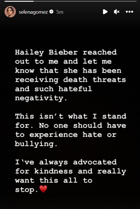 Selena Gomez shares Instagram story about Hailey Bieber