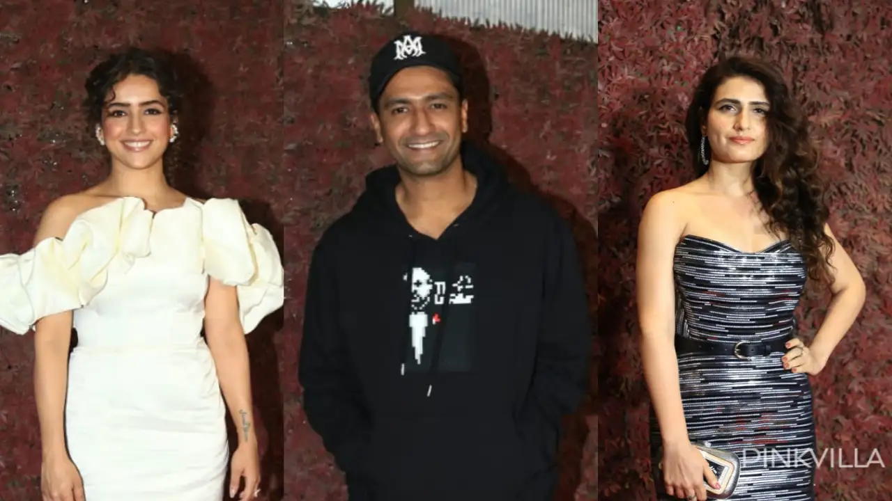 Sanya Malhotra, Vicky Kaushal, and Fatima Sana Shaikh at Sam Bahadur wrap party (Credits: Viral Bhayani) Sanya Malhotra, Vicky Kaushal, Fatima Sana Shaikh