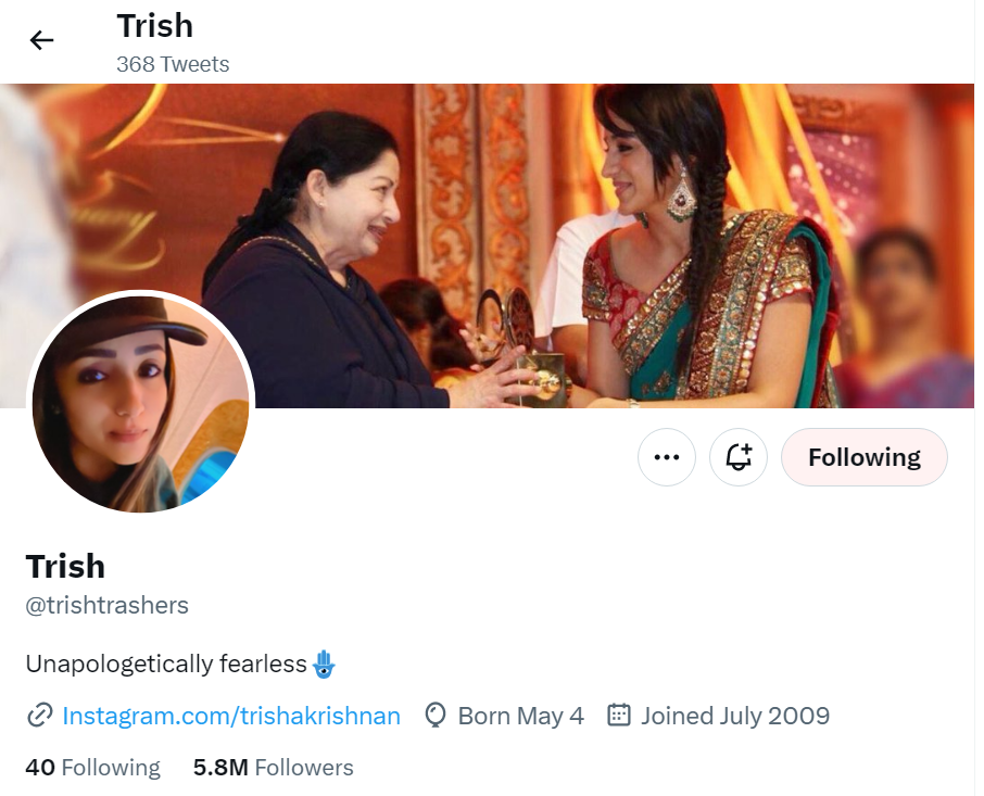 Trisha Krishnan lose verified mark on Twitter 
