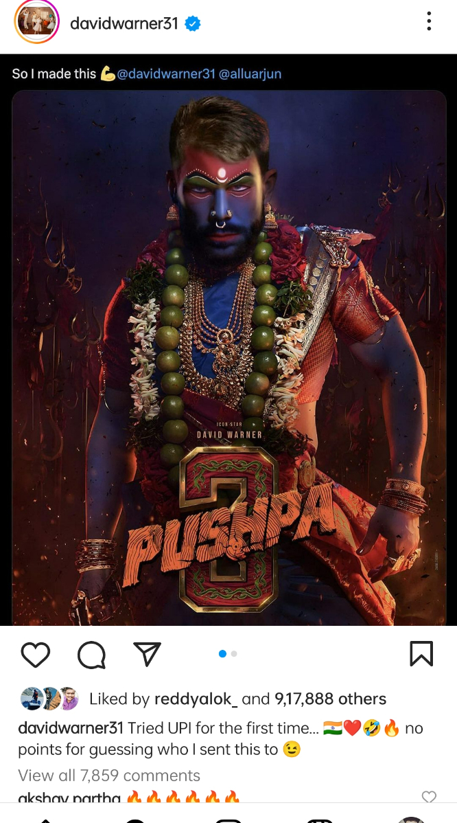 Here's David Warner's latest meme on the Pushpa 2 first-look poster