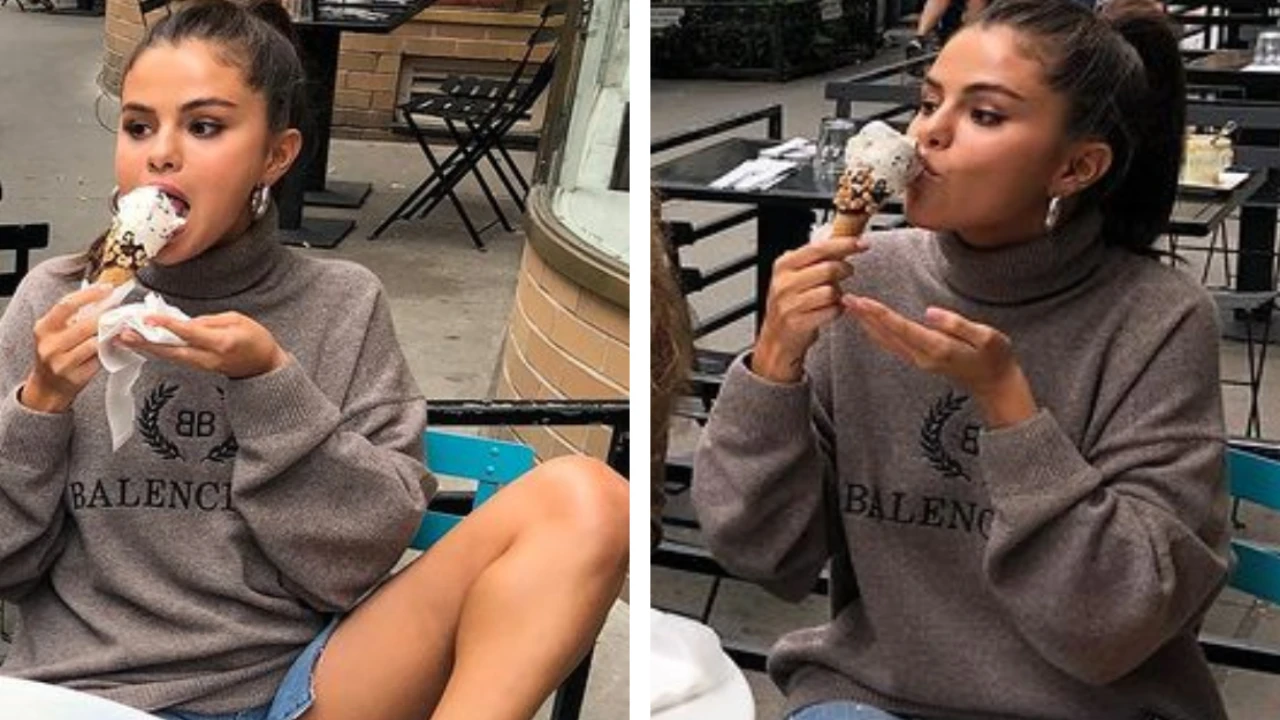 Selena Gomez looks super cool in a sweatshirt because she loves ice cream;  see pics