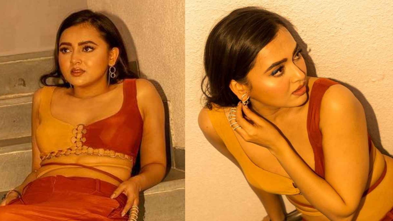 Tejasswi Prakash is a sight to behold in tan crop top, pant co-ord set by Dimple  Belani-Thadani for night out | PINKVILLA