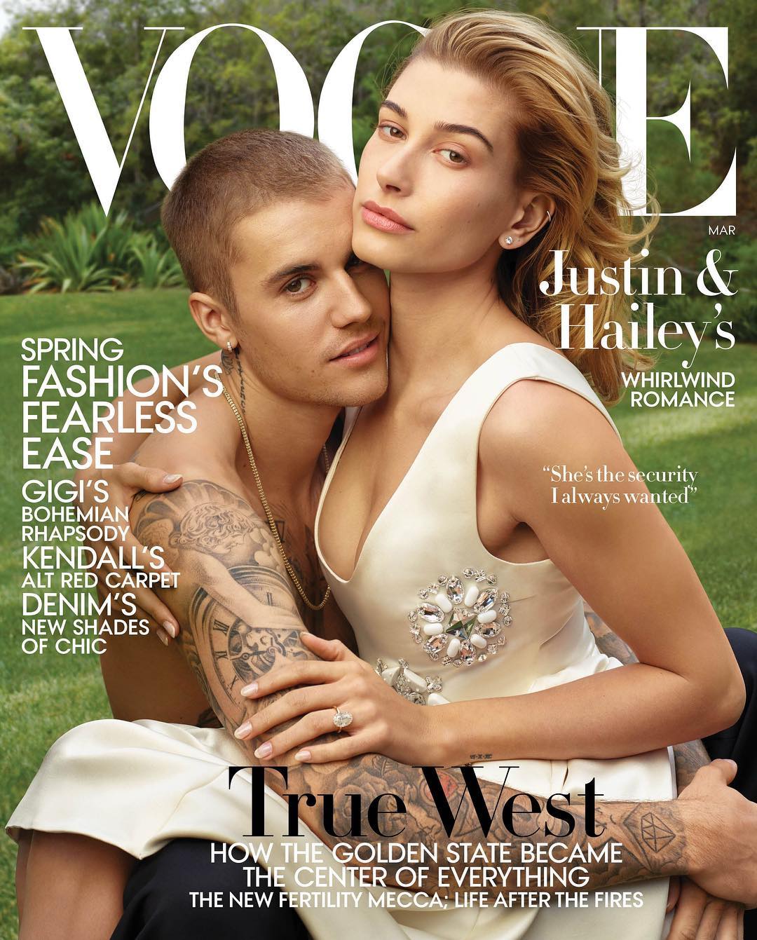 Justin Bieber and Hailey Bieber are drenched in white love on the cover of Vogue's March 2019 issue