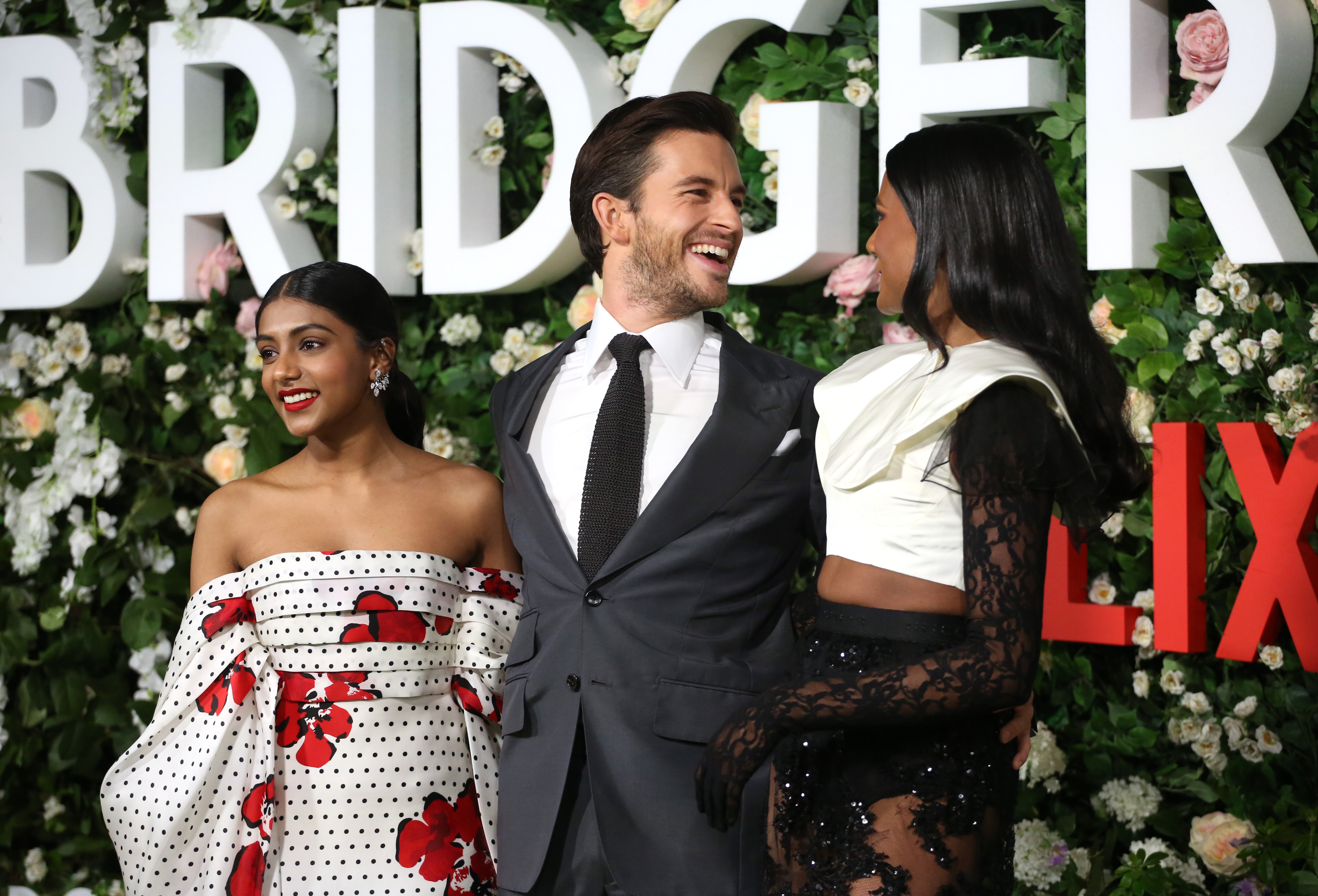 Jonathan Bailey with Bridgerton's Sharma sisters