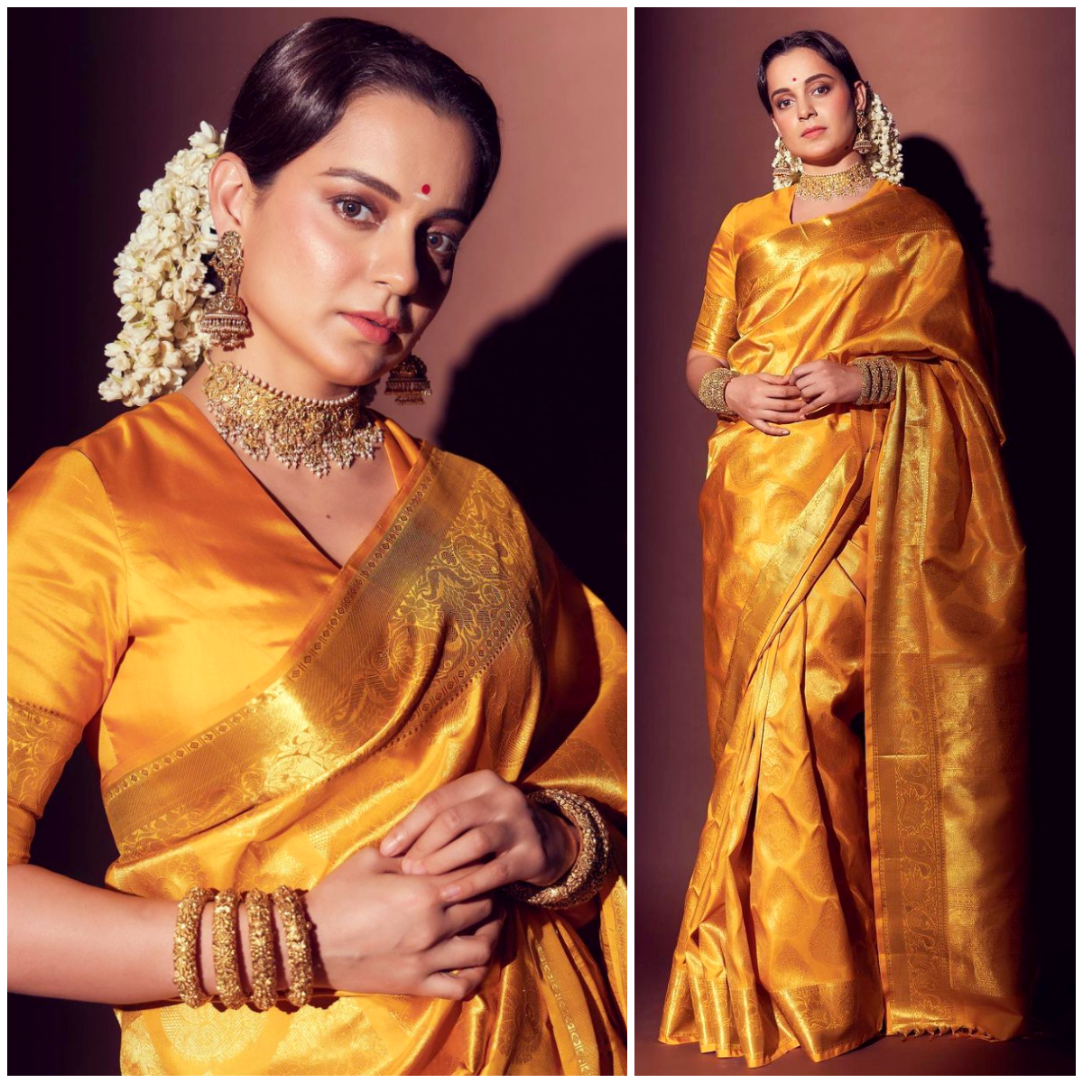 Kanjivaram pure silk saree handwoven in mustard yellow with kattam designs  woven all over. The borders