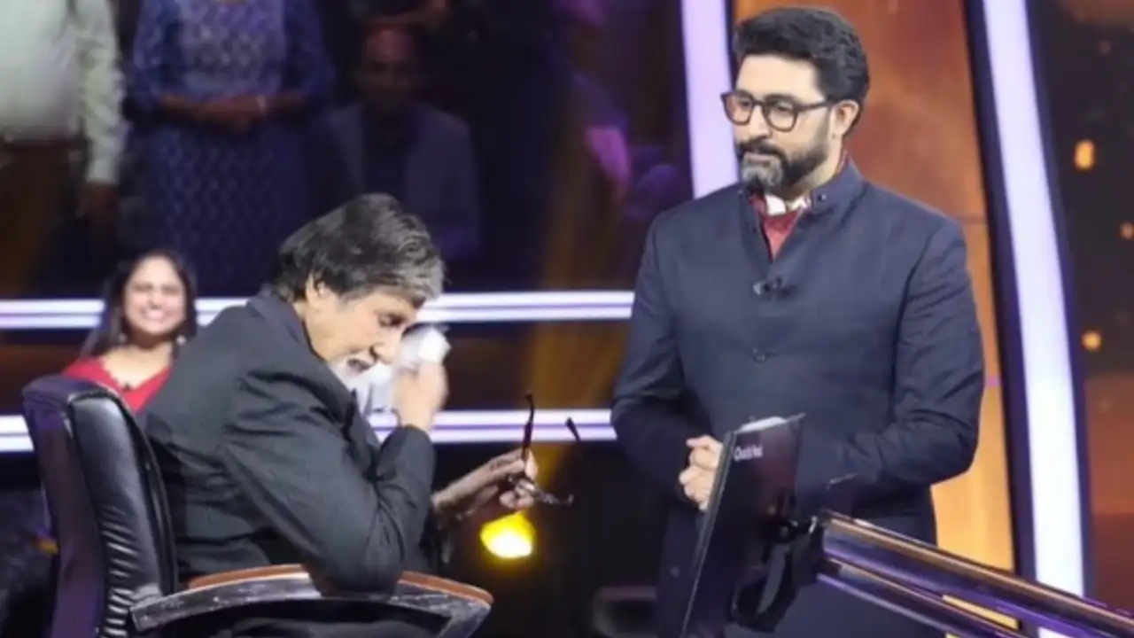 Amitabh Bachchan gets emotional after receiving a special surprise from son Abhishek Bachchan. Picture Courtesy: Sony TV Abhishek Bachchan's birthday surprise leaves Amitabh Bachchan emotional