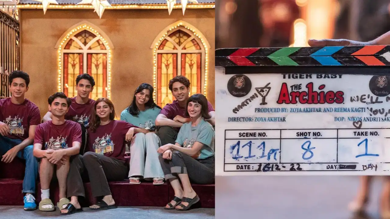 The Archies team featuring Suhana Khan, Khushi Kapoor and Agastya Nanda pose as they wrap shooting (Pic: Netflix India Instagram) Netflix India Instagram