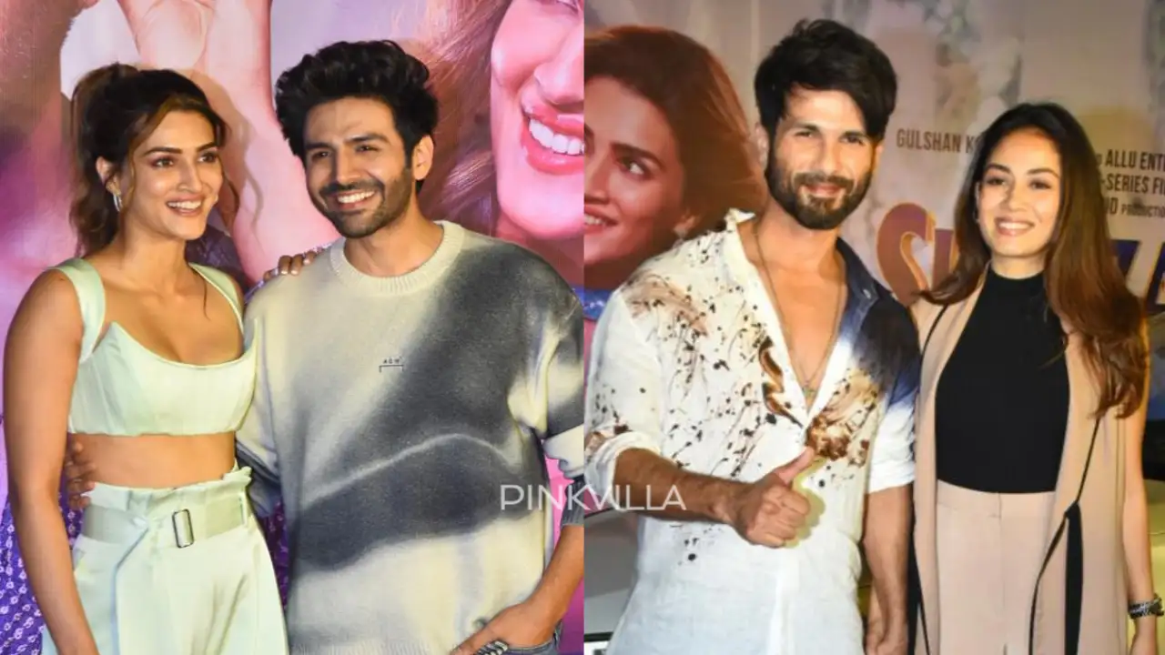 Kriti Sanon, Kartik Aaryan, Shahid Kapoor and Mira Rajput at Shehzada screening event (Credits: Viral Bhayani) Shhezada, Kriti Sanon, Kartik Aaryan, Shahid Kapoor, Mira Rajput