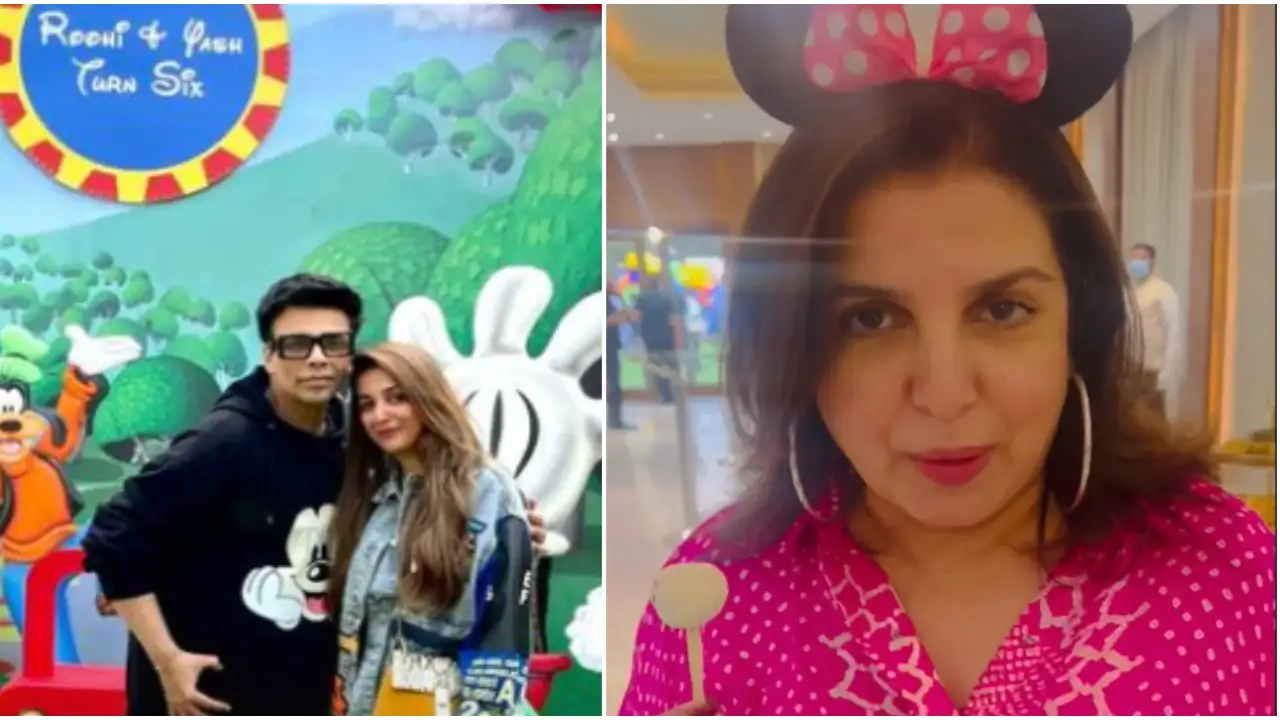 Karan Johar, Farah Khan engage in fun banter at Yash and Roohi’s Disney-themed birthday bash; WATCH Video