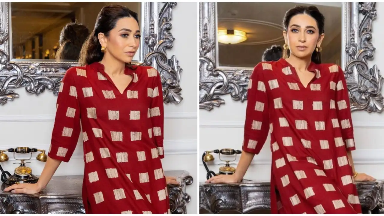 Karisma Kapoor's Abraham and Thakore kurta set is red and royal; Can you guess the cost of her kurta? Karisma Kapoor, celebrity style, bollywood, kurtas, fashion,