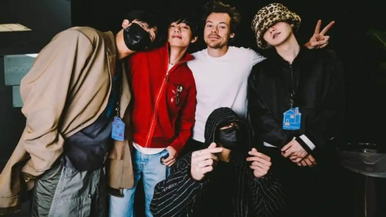 BTS members RM, V, SUGA and Jungkook with Harry Styles ; Picture Courtesy: Instagram @rkive BTS members RM, V, SUGA and Jungkook with Harry Styles ; Picture Courtesy: Instagram @rkive