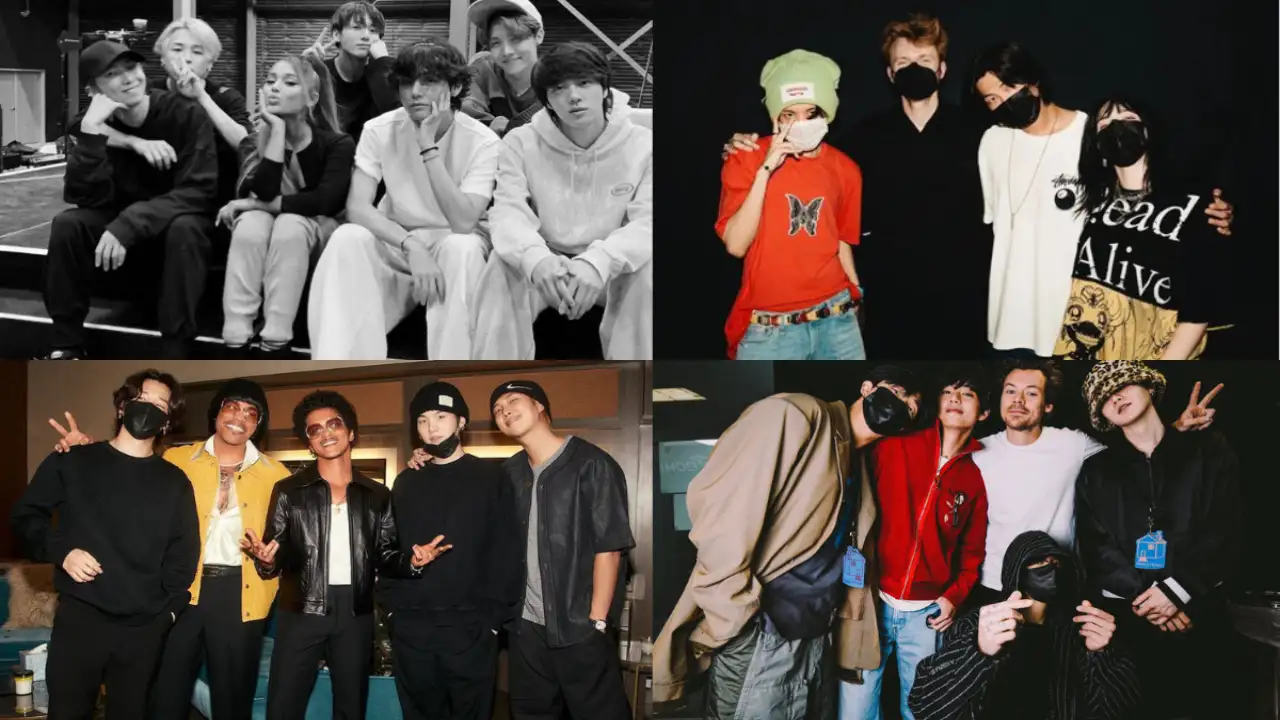 BTS posing backstage alongside Ariana, Billie, Lizzo, Bruno Mars, Silk Sonic and Harry Styles BTS posing backstage alongside Ariana, Billie, Lizzo, Bruno Mars, Silk Sonic and Harry Styles