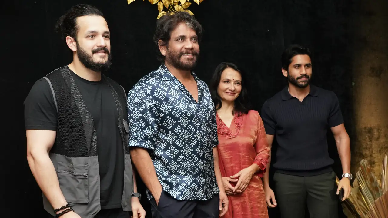 Ram Charan's birthday bash: Nagarjuna attends with wife Amala; Naga Chaitanya and Akhil look dapper in black Ram Charan's birthday bash: Nagarjuna, Naga Chaitanya and Akhil
