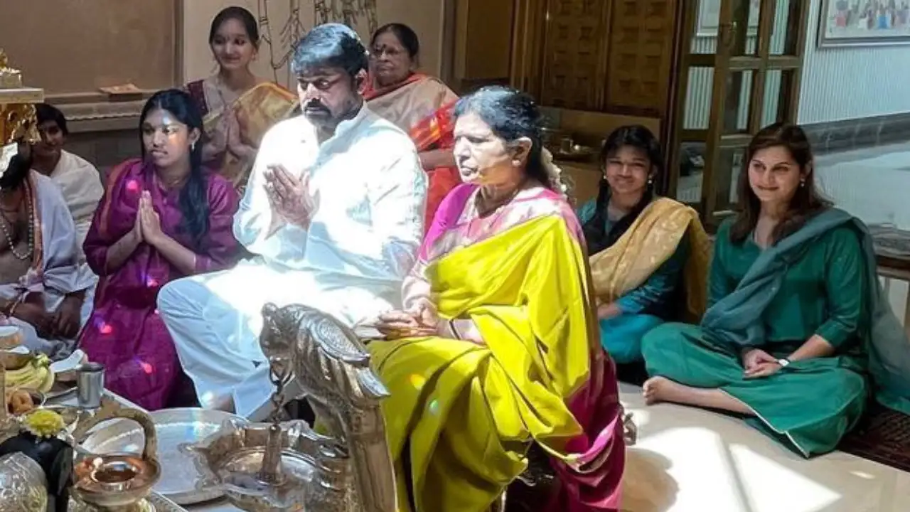 Chiranjeevi performs Ugadi Puja with wife, Surekha, and daughter-in-law Upasana by side (PC: Chirenajeevi Twitter) Chiranjeevi-Surekha-Upasana