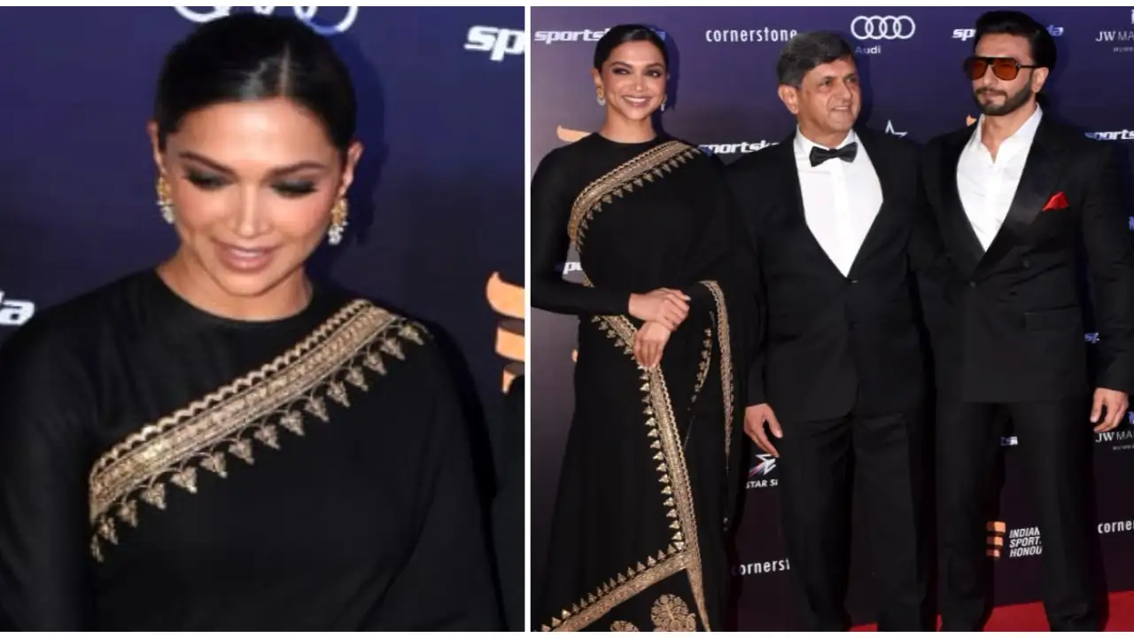 Deepika Padukone's Sabyasachi saree, Ranveer Singh's Rohit Gandhi and Rahul Khanna suit are stylishly black Deepika Padukone, Ranveer Singh, Sabyasachi Mukherjee, bollywood, celebrity style,