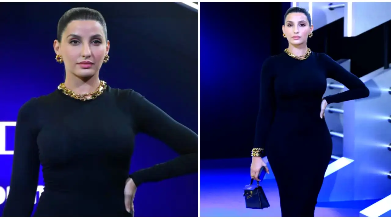Nora Fatehi's Hermès Kelly handbag styled with a bodycon midi dress is pure party style on-fleek