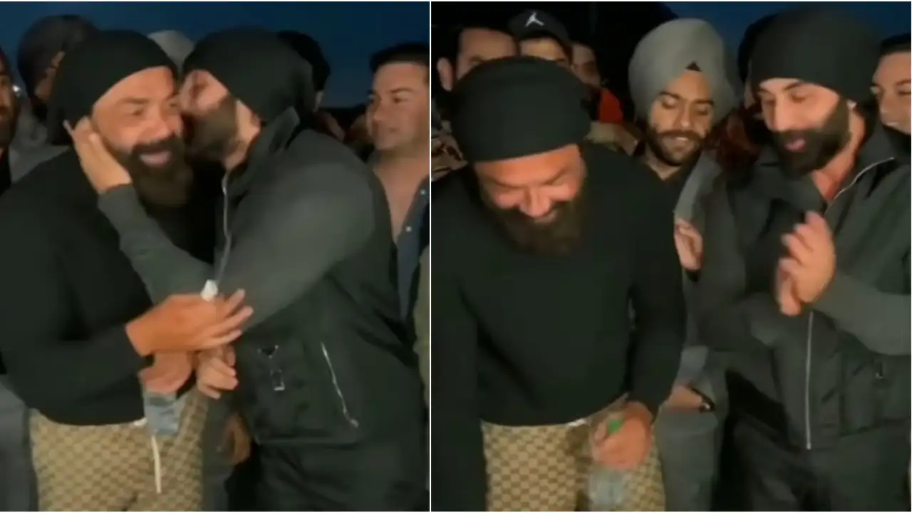 WATCH: Ranbir Kapoor plants a kiss on Bobby Deol's cheek as they celebrate Animal's London schedule wrap