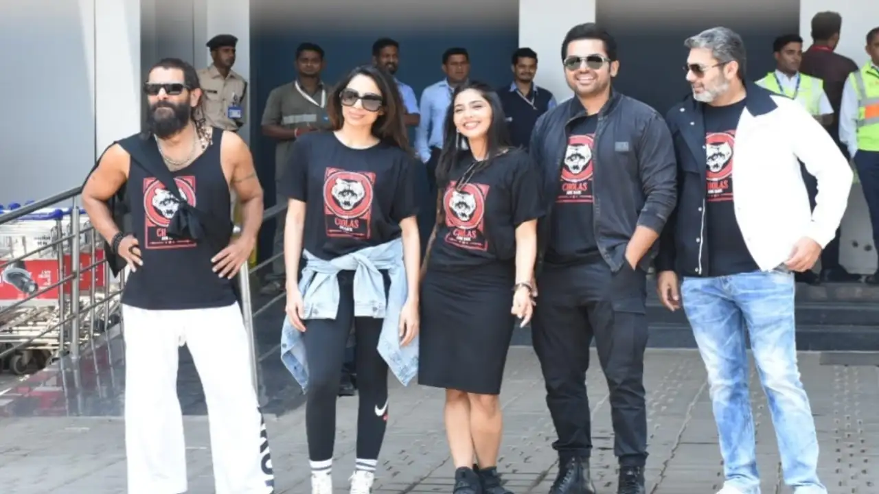 Ponniyin Selvan 2: Vikram, Karthi, Sobhita Dhulipala, Trisha twin in customised cholas tees at Mumbai airport Ponniyin Selvan 2 twin at Mumbai airport