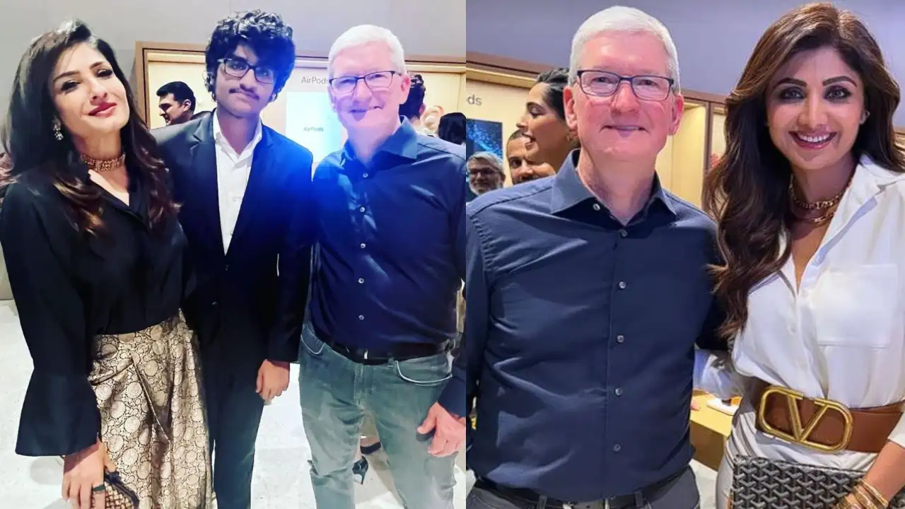 Raveena Tandon and Shilpa Shetty pose with Apple CEO Tim Cook Raveena Tandon and Shilpa Shetty