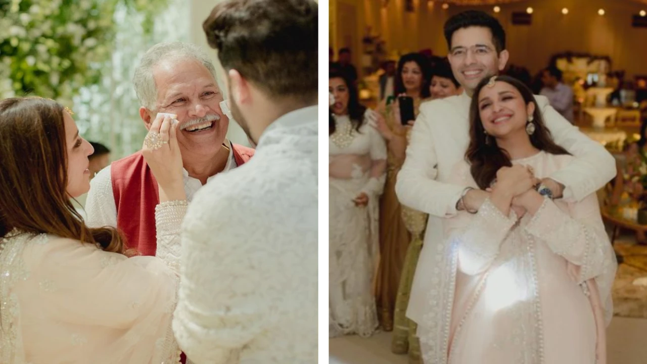 Parineeti Chopra and her brother wipe father’s happy tears in unseen engagement pics; See the actor’s reaction Image credit: Parineeti Chopra Instagram and Shivang Chopra Instagram