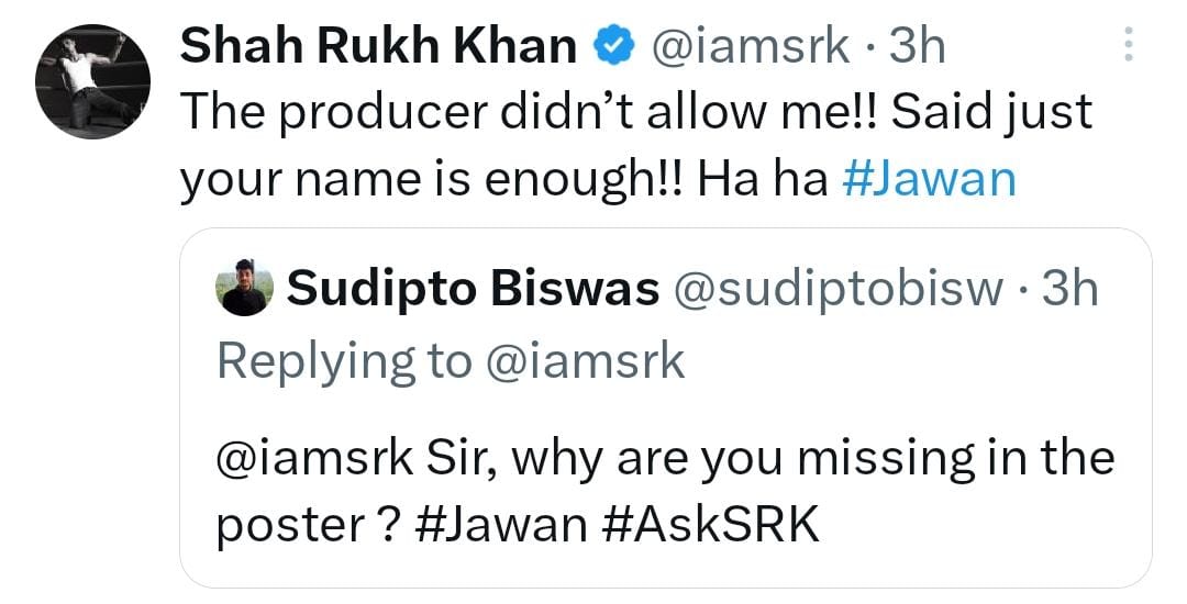 SRK gives a hilarious response exhibit 5 (Credit: Shah Rukh Khan Twitter)