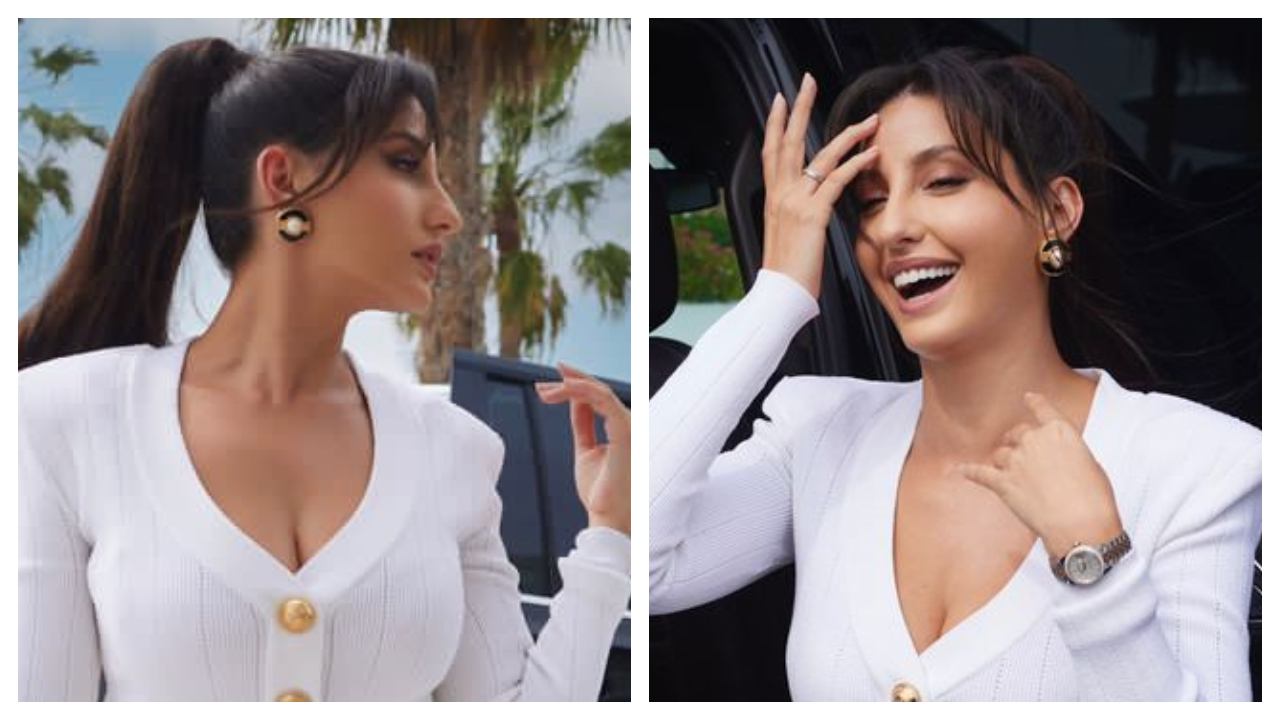 Nora Fatehi toát lên vẻ đẹp kiêu sa với áo đan len trắng sang trọng của Balmain và chân váy bút chì;  Biết bao nhiêu tất cả chi phí